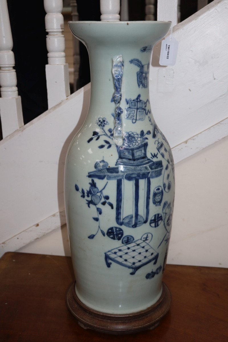 A Chinese blue and white vase and stand (drilled for electricity), glued to stand, overall height 63cm